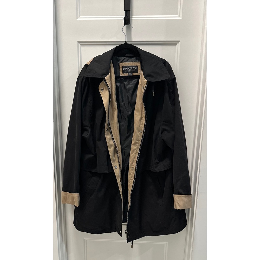 London Fog Limited Edition Black Tan Trim Detachable Hood Coat Jacket Womens 2XL